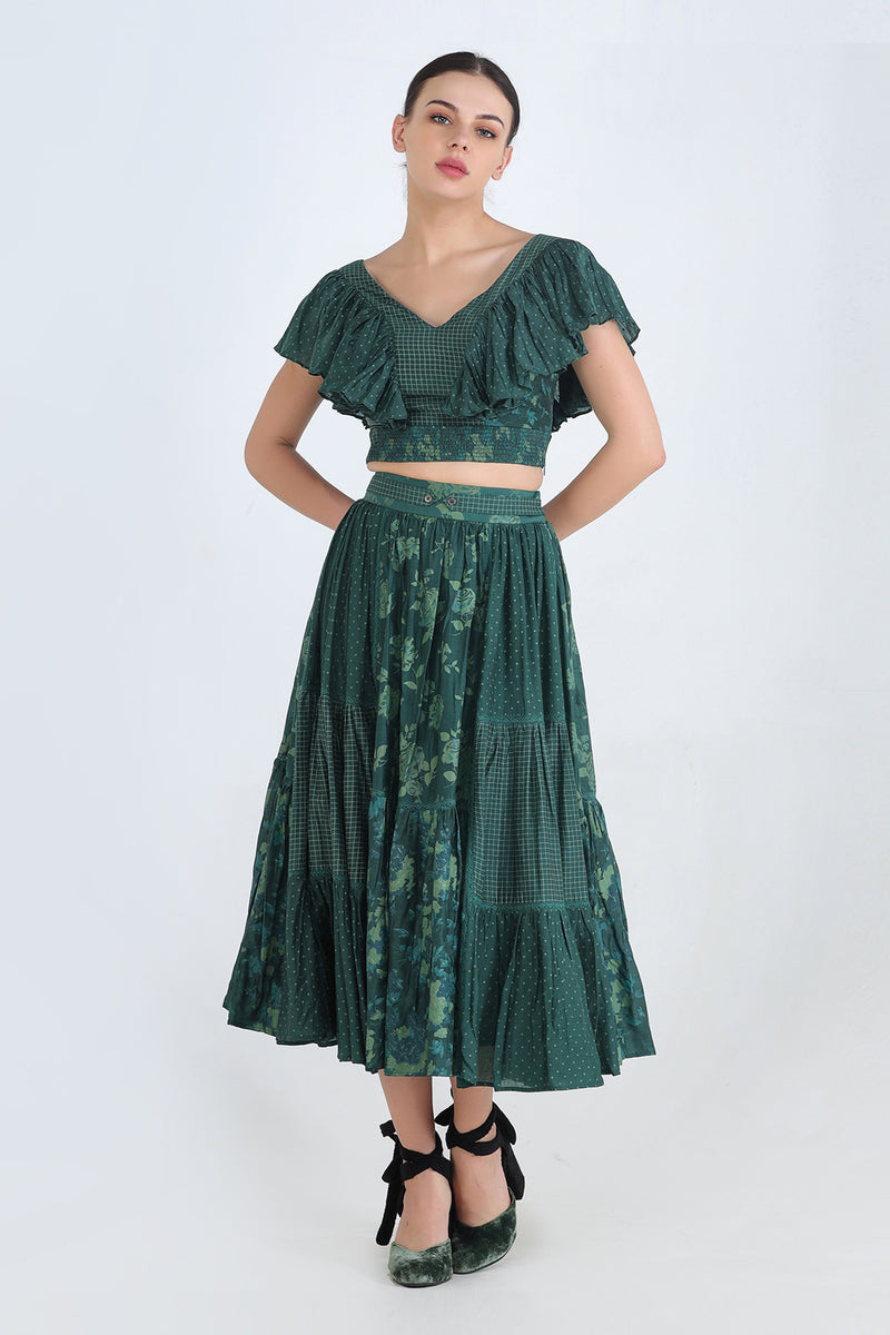 Green Print Mix Monochrome Gathered Skirt With Insertion Details
