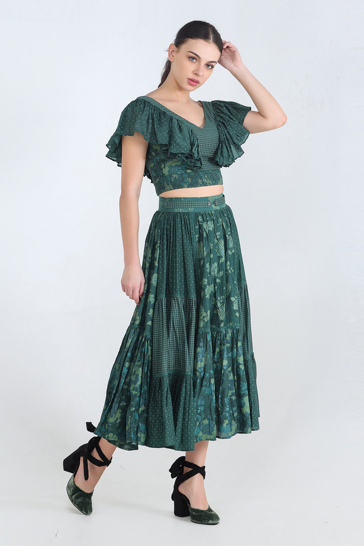 Green Print Mix Monochrome Gathered Skirt With Insertion Details