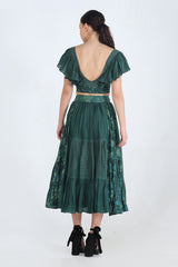 Green Print Mix Monochrome Gathered Skirt With Insertion Details