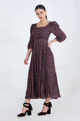 Purple Floral Striped Printed Gathered Maxi With Belt