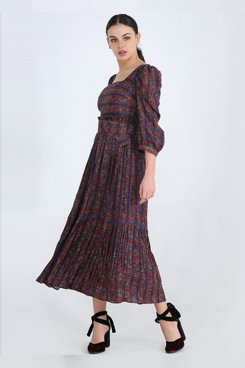 Purple Floral Striped Printed Gathered Maxi With Belt