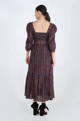 Purple Floral Striped Printed Gathered Maxi With Belt
