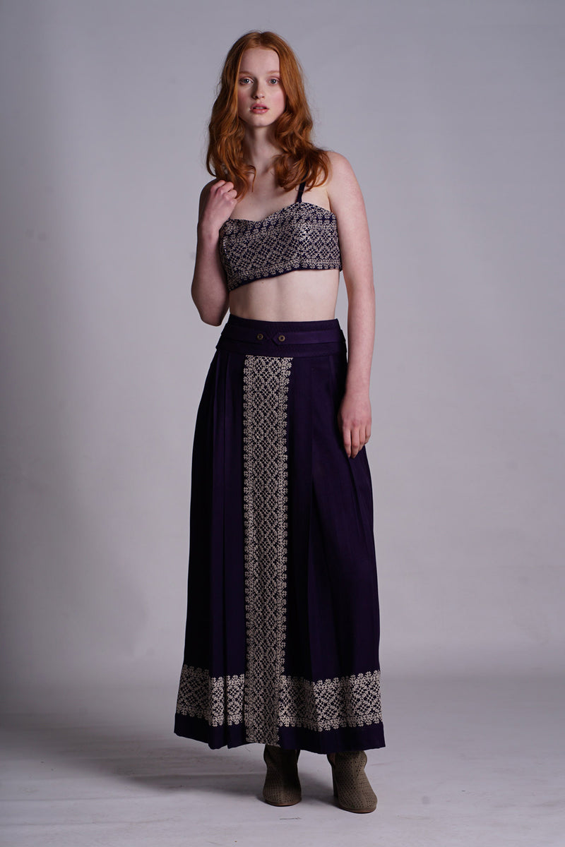 Purple Viscose Twill Pleated Midi Skirt with Cross Stitch Embroidered