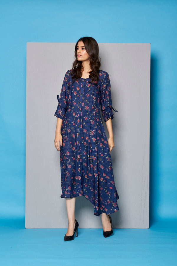 Blue chexs cracker printed front open one side pleated dress
