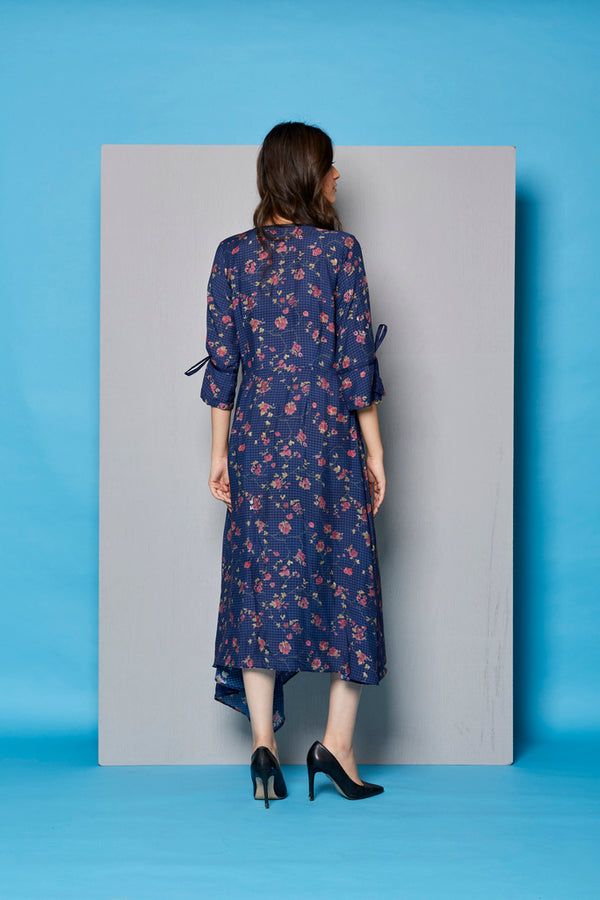Blue chexs cracker printed front open one side pleated dress