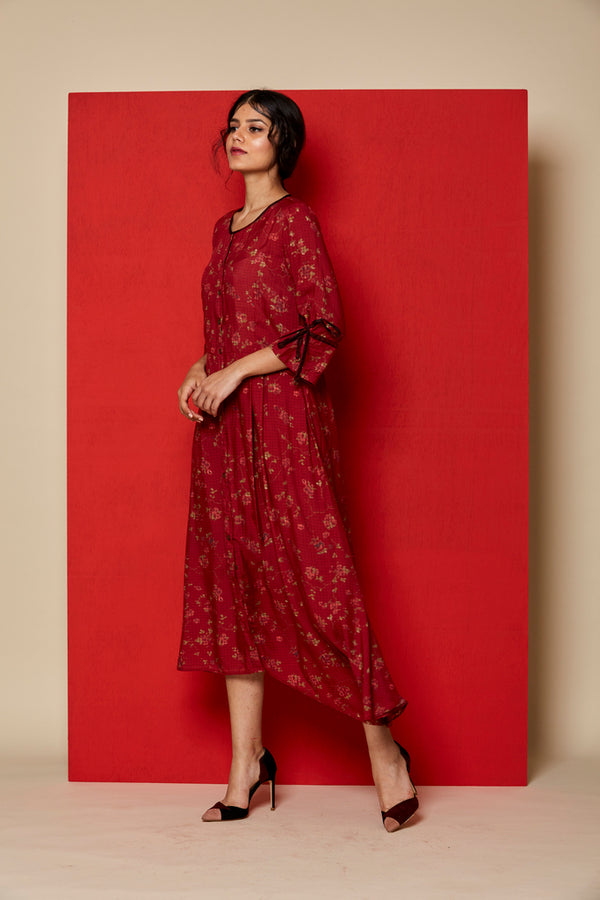 Red Chex Wd Cracker Printed Front Open One Side Pleated Dress