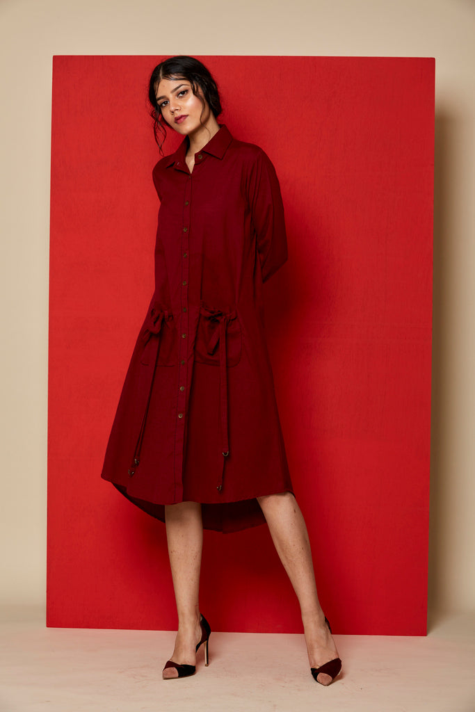 Cherry linen front open shirt dress with tie up details on the pocket