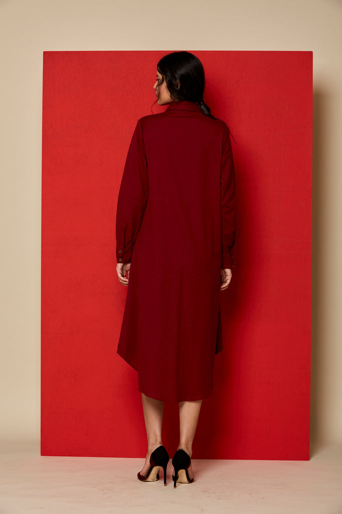 Cherry linen front open shirt dress with tie up details on the pocket