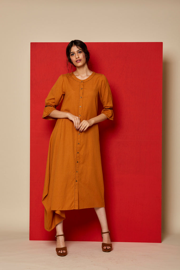 Ochre Linen Asy Dress
