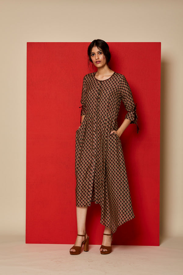 Brown rose printed front open one side pleated dress
