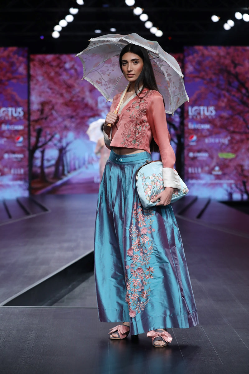 Blue Taffita Pleated And Embroidered Skirt