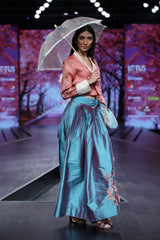 Blue Taffita Pleated And Embroidered Skirt