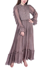 Grey Chiffon High Low Gathered Maxi With Satin Embroidery Bodice