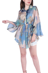 Teal Chiffon Cage Organza Kimono Top