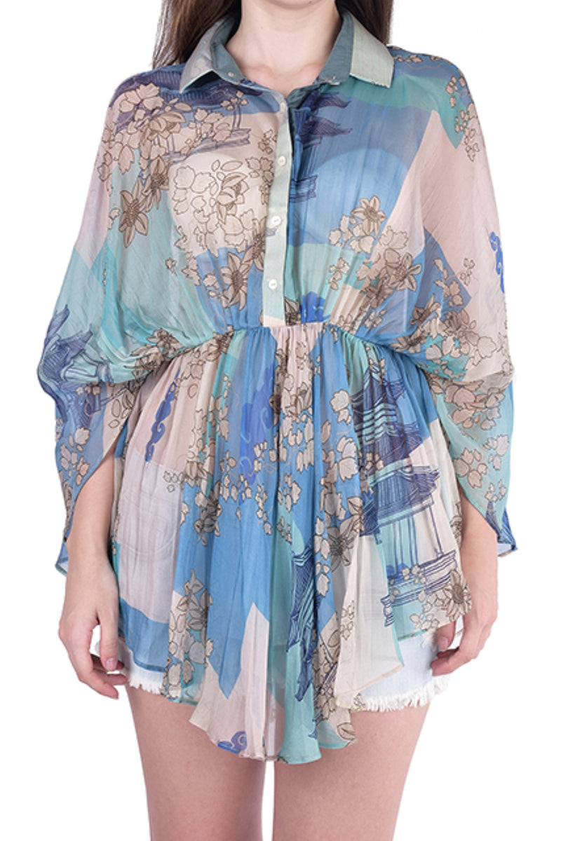 Teal Chiffon Cage Organza Kimono Top