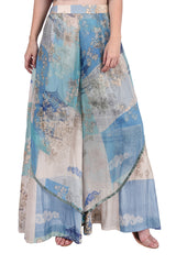 Teal Cage Printed Silk And Chiffon Layered Trouser