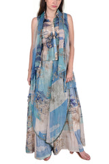 Teal Cage Printed Silk And Chiffon Layered Trouser