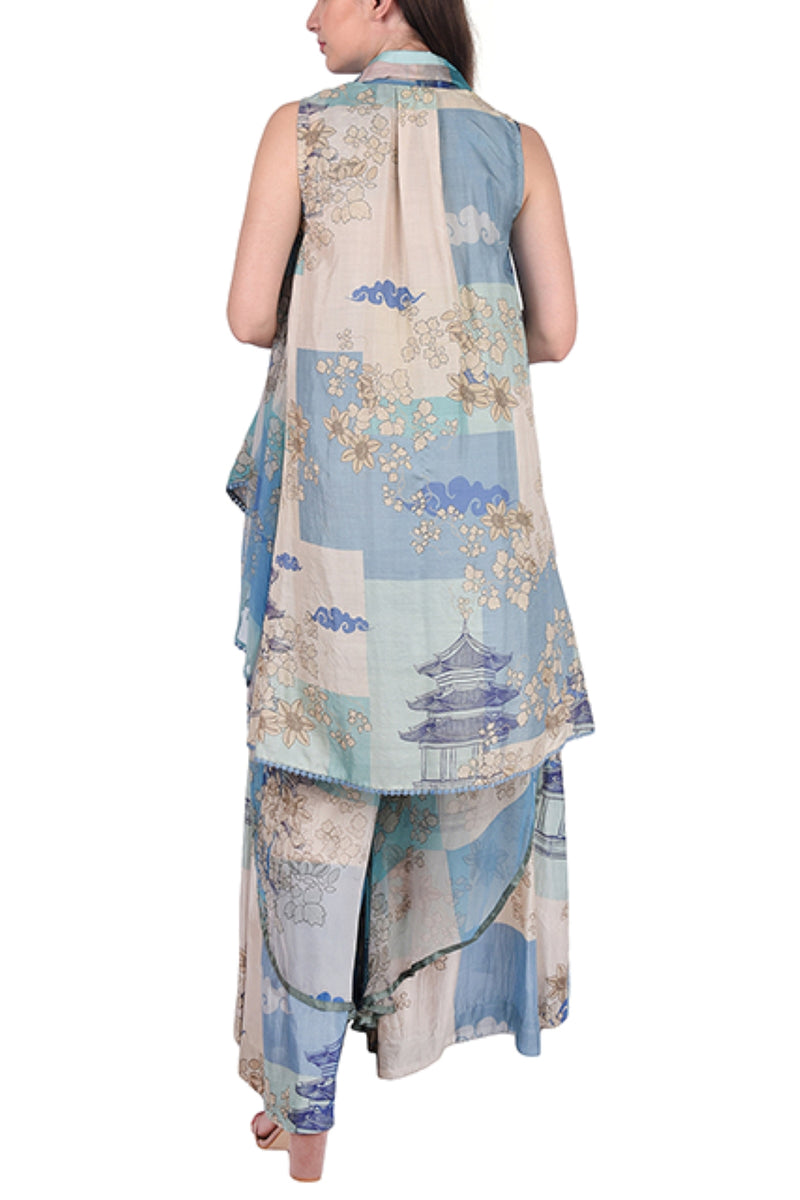 Teal Cage Printed Silk And Chiffon Layered Trouser