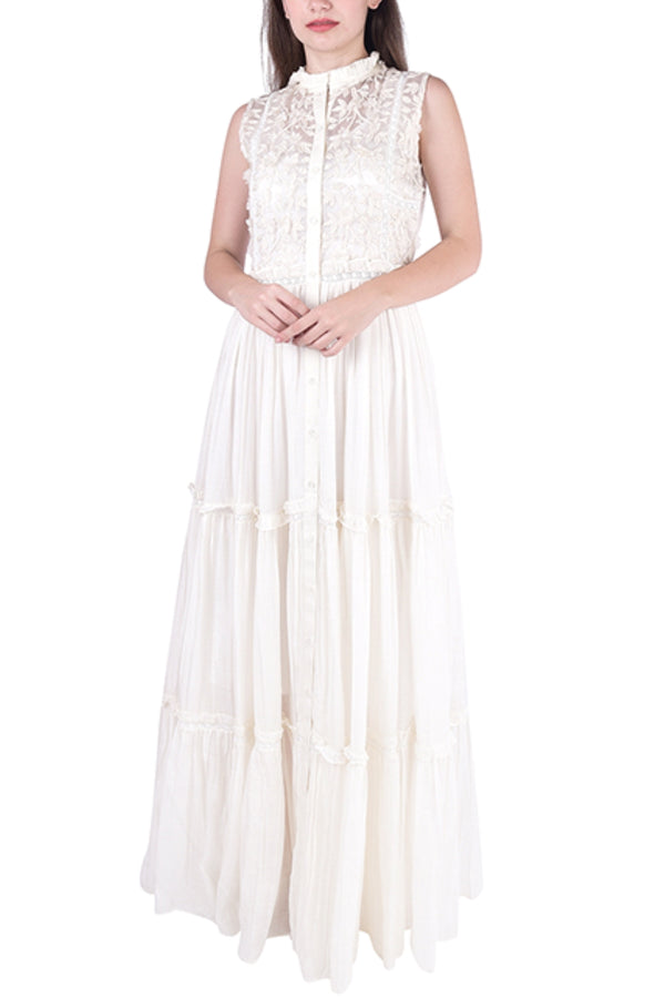 Bone Mul Front Open Tiered Maxi With Emb Organza Bodice
