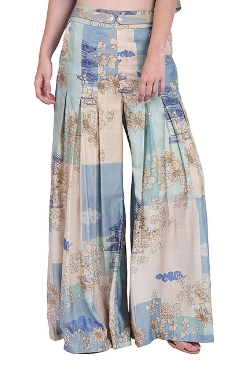Teal Cage Printed  Silk Pleated Trousers