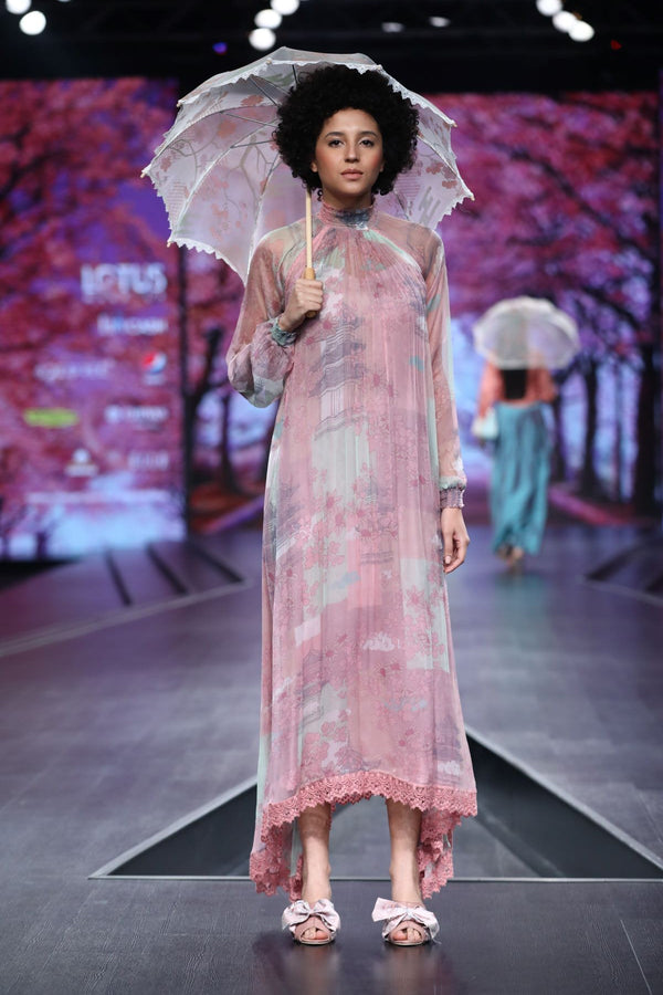 Pink Chiffon Cage Digital Print Asy Dress