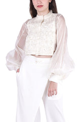 White Organza Crop Top With Suede Embroidered Yoke