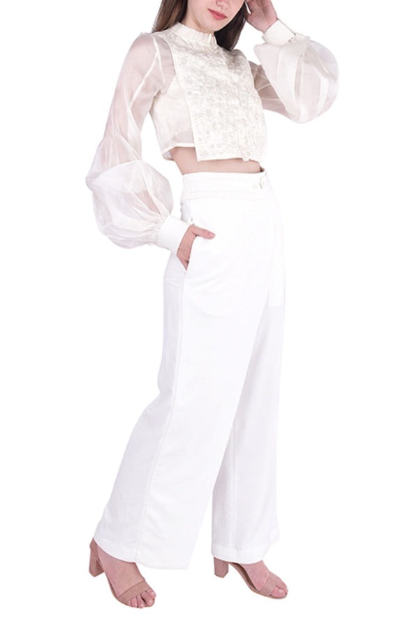 White Organza Crop Top With Suede Embroidered Yoke