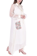 Bone Chiffon Sheer Tunic With Embroidered Patch Pocket