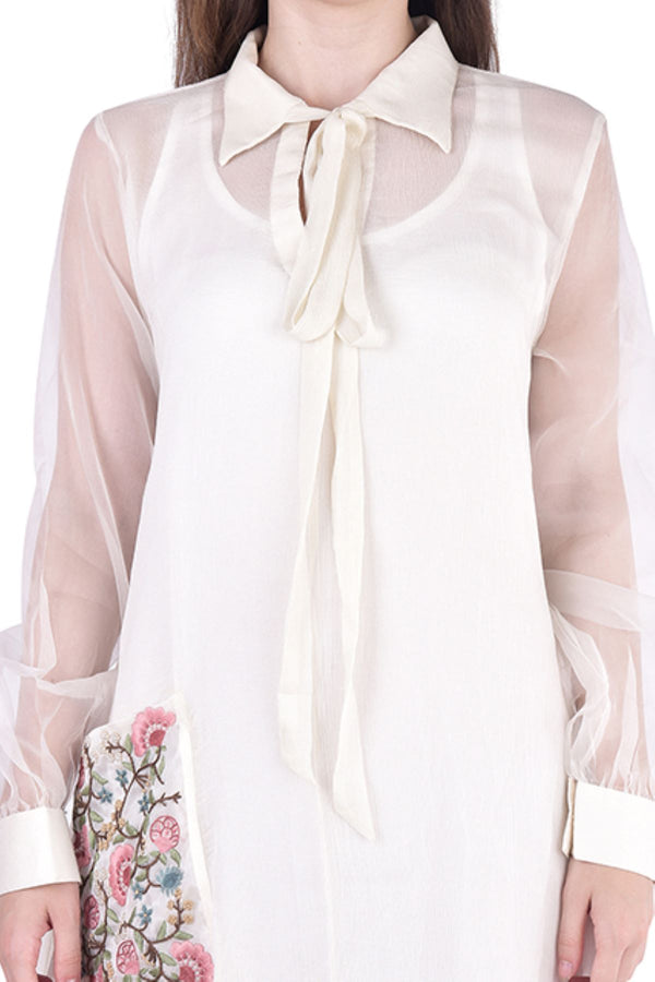 Bone Chiffon Sheer Tunic With Embroidered Patch Pocket