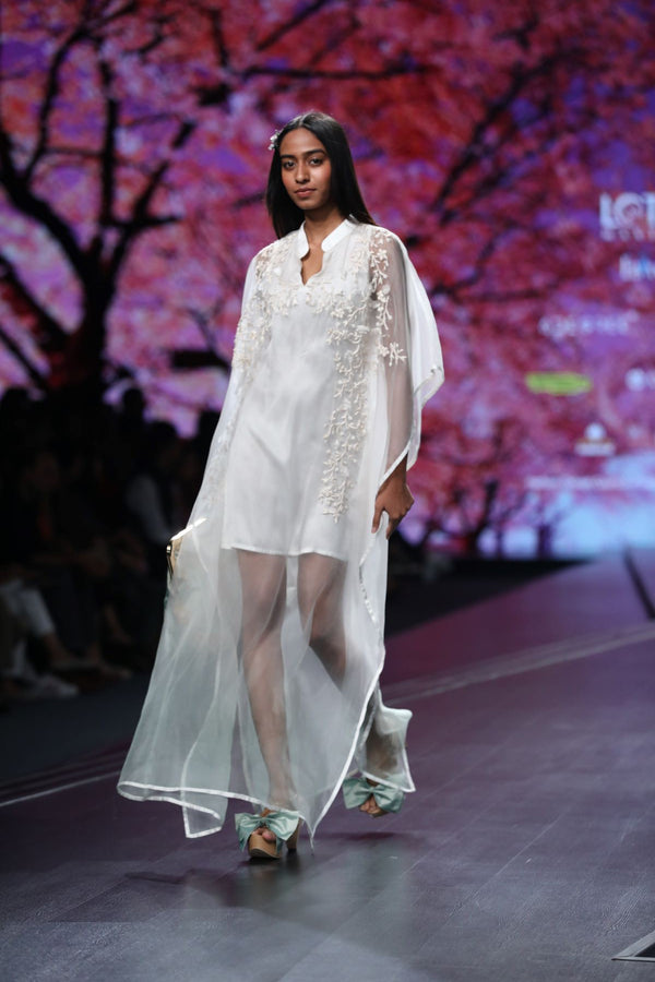 White Organza With Mint Ombre Kaftan With Embroidery