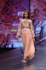 Peach Silk Embroidered Crop Jacket And Chiffon Skirt