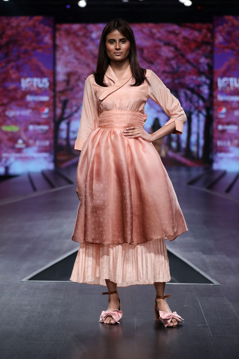 Peach And Brown Mul Ombrey Printed Layered Dress With Organza Waist Belt