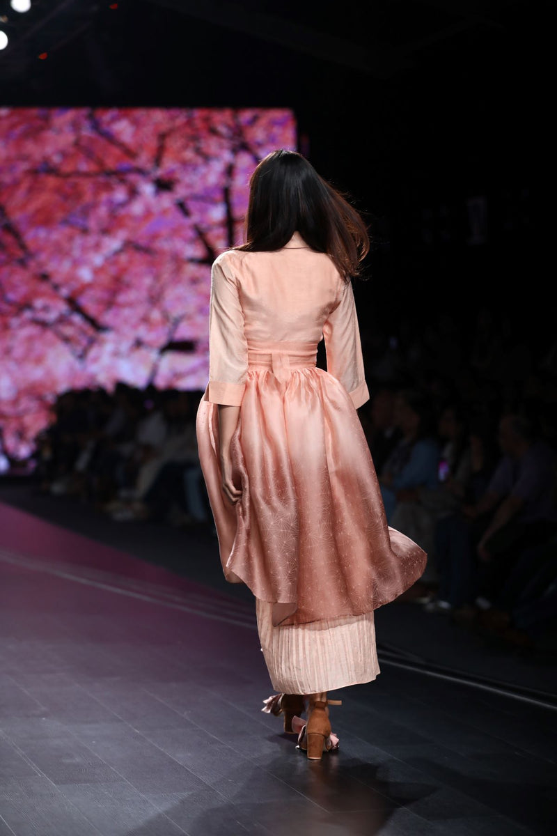 Peach And Brown Mul Ombrey Printed Layered Dress With Organza Waist Belt