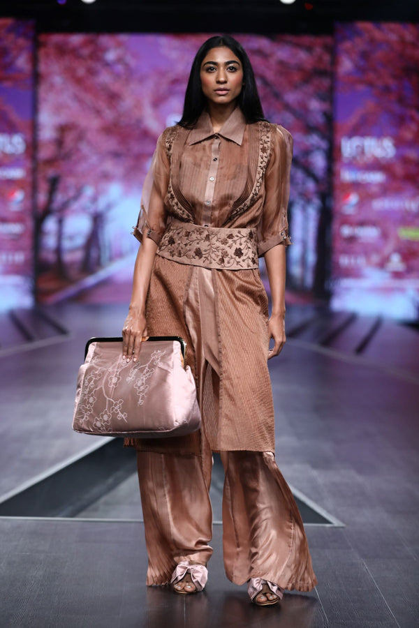 Brown Organza Shirt With Embroidered Jacket With Embroidered Belt And Pants
