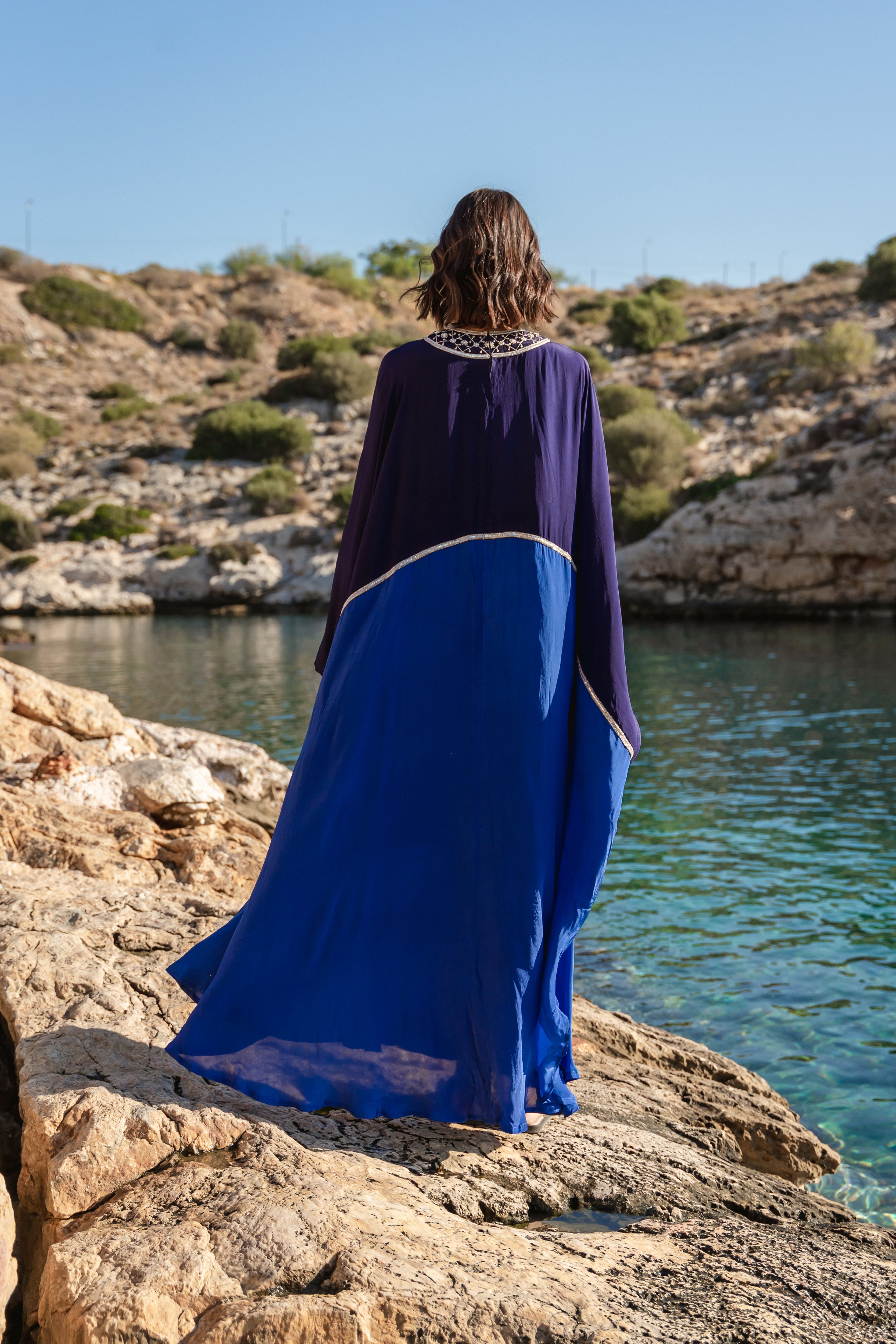 Blue embroidered colour blocked kaftan