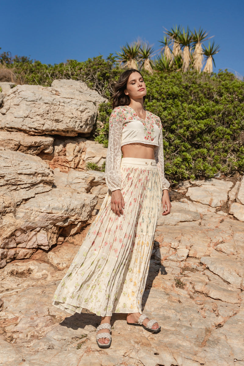 emb crop top with multi panelled printd skirt
