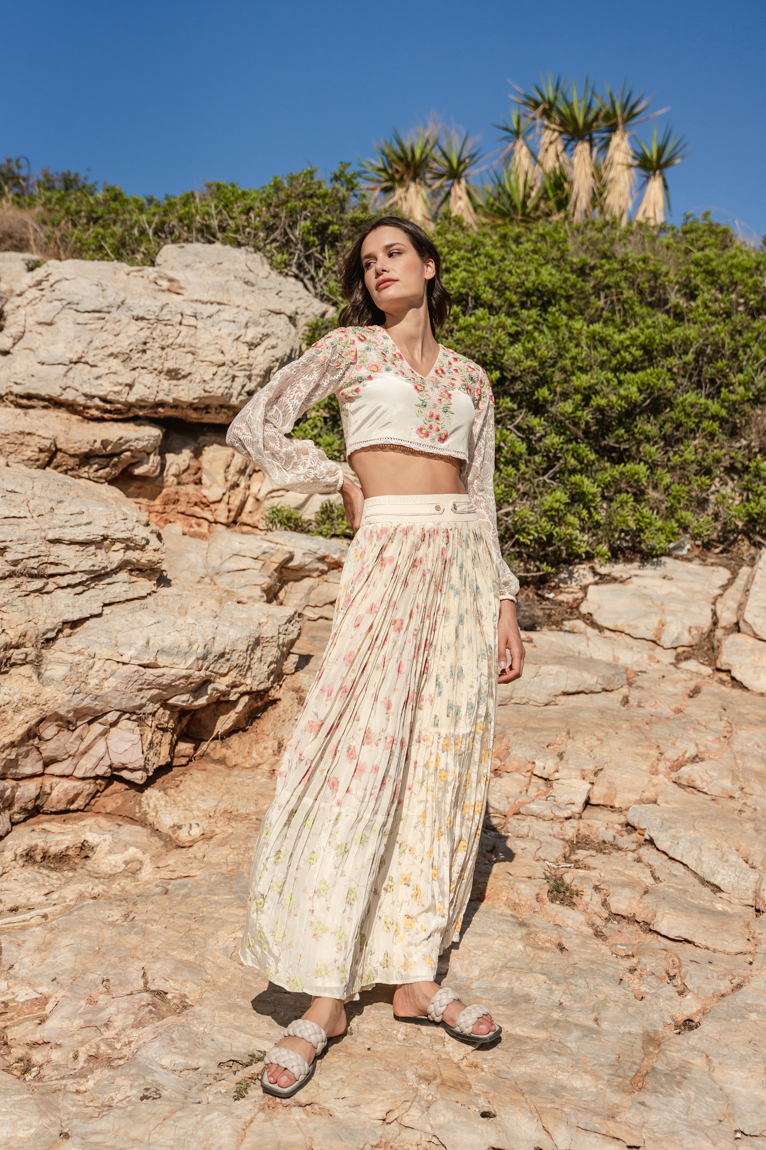 emb crop top with multi panelled printd skirt