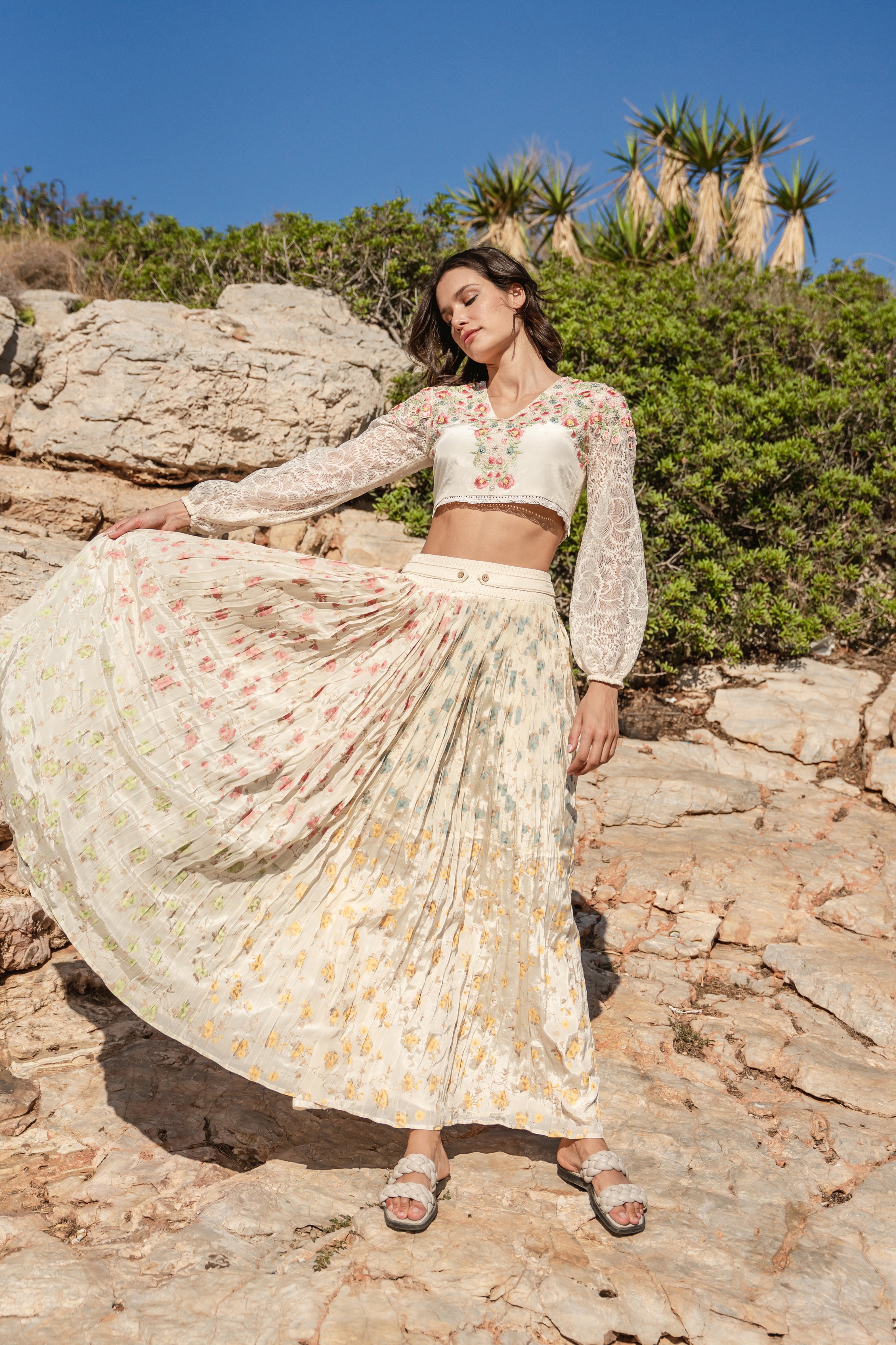 emb crop top with multi panelled printd skirt