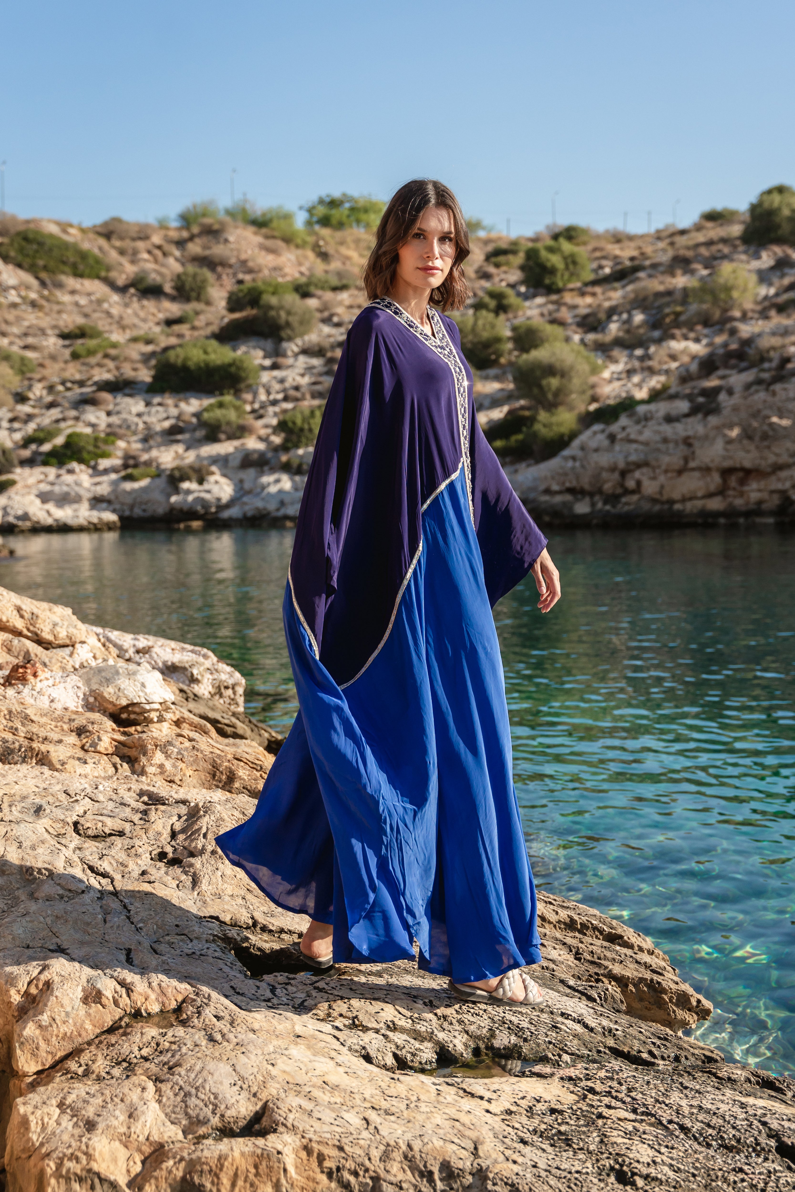 Blue embroidered colour blocked kaftan