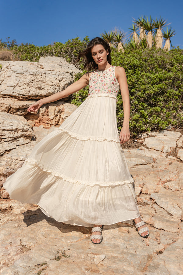 MUL TIERED DRESS WITH EMB BODICE