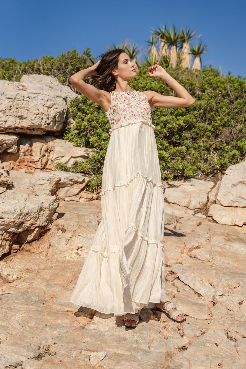 MUL TIERED DRESS WITH EMB BODICE