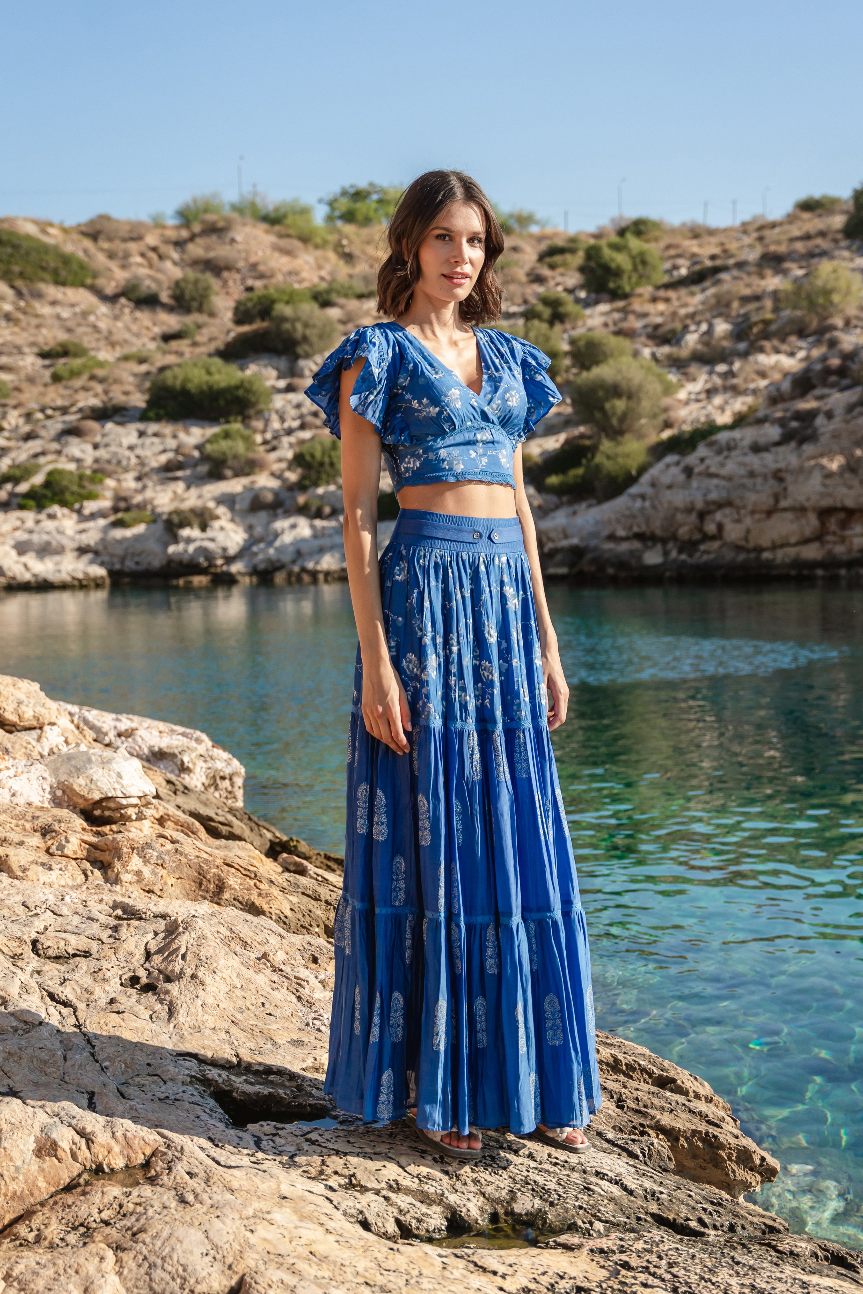 Blue cracker printed crop top and skirt