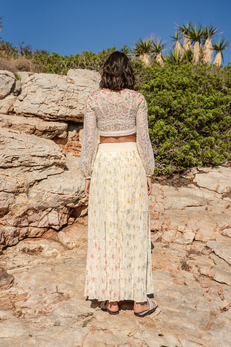 emb crop top with multi panelled printd skirt