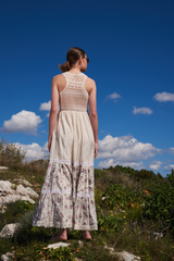 Bone crepe printed tiered maxi dress with embroidered bodice and lace racer back