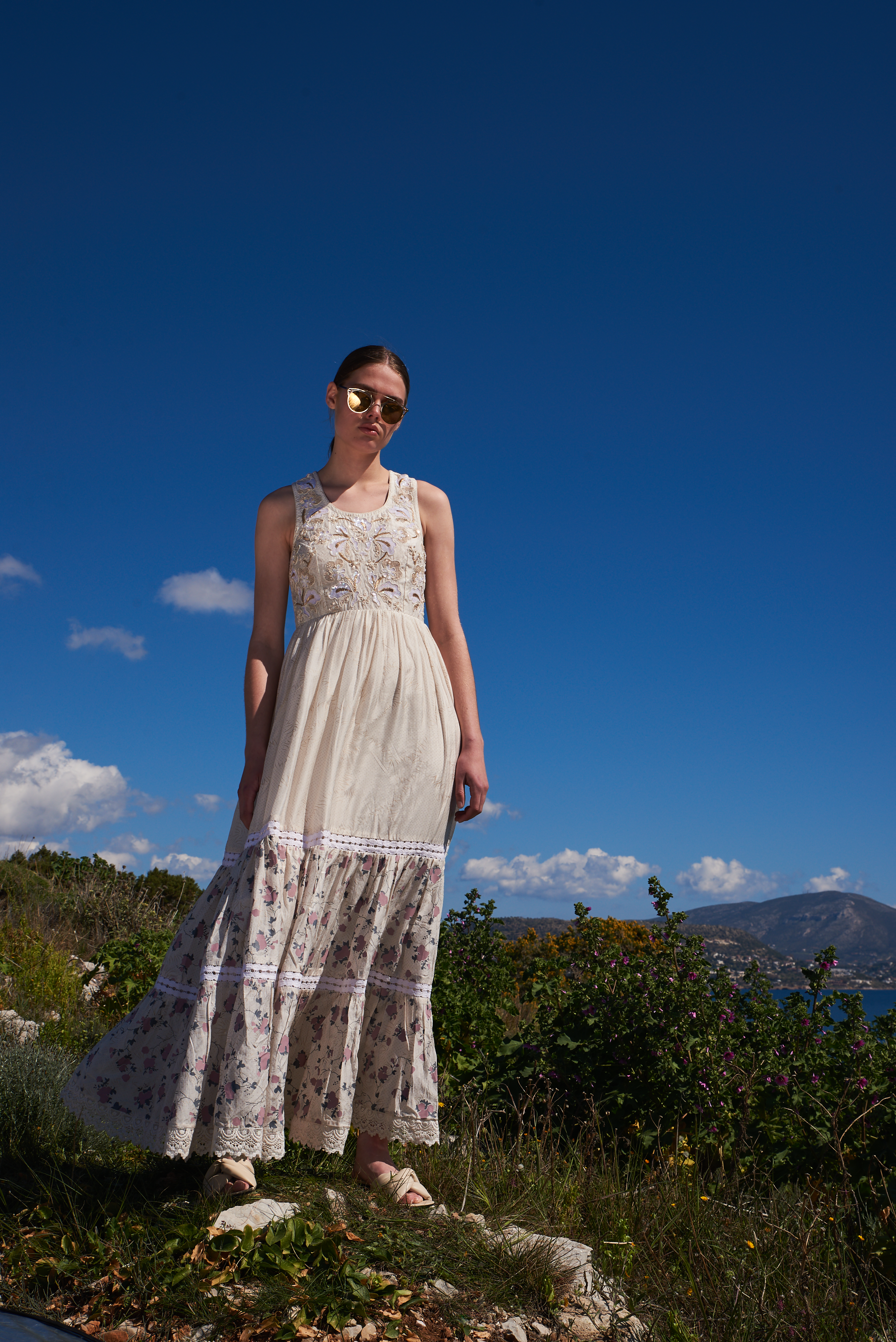 Bone crepe printed tiered maxi dress with embroidered bodice and lace racer back