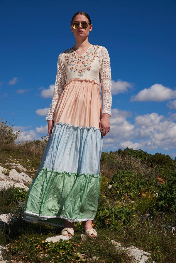 Bone, salmon, blue and green mul color blocked tiered maxi with embroidered bodice and lace sleeves