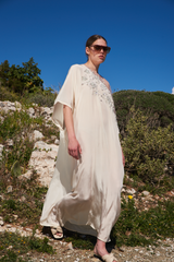 White crepe kaftan with net yoke and silver placement embroidery