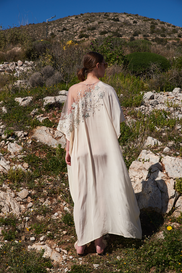 White crepe kaftan with net yoke and silver placement embroidery