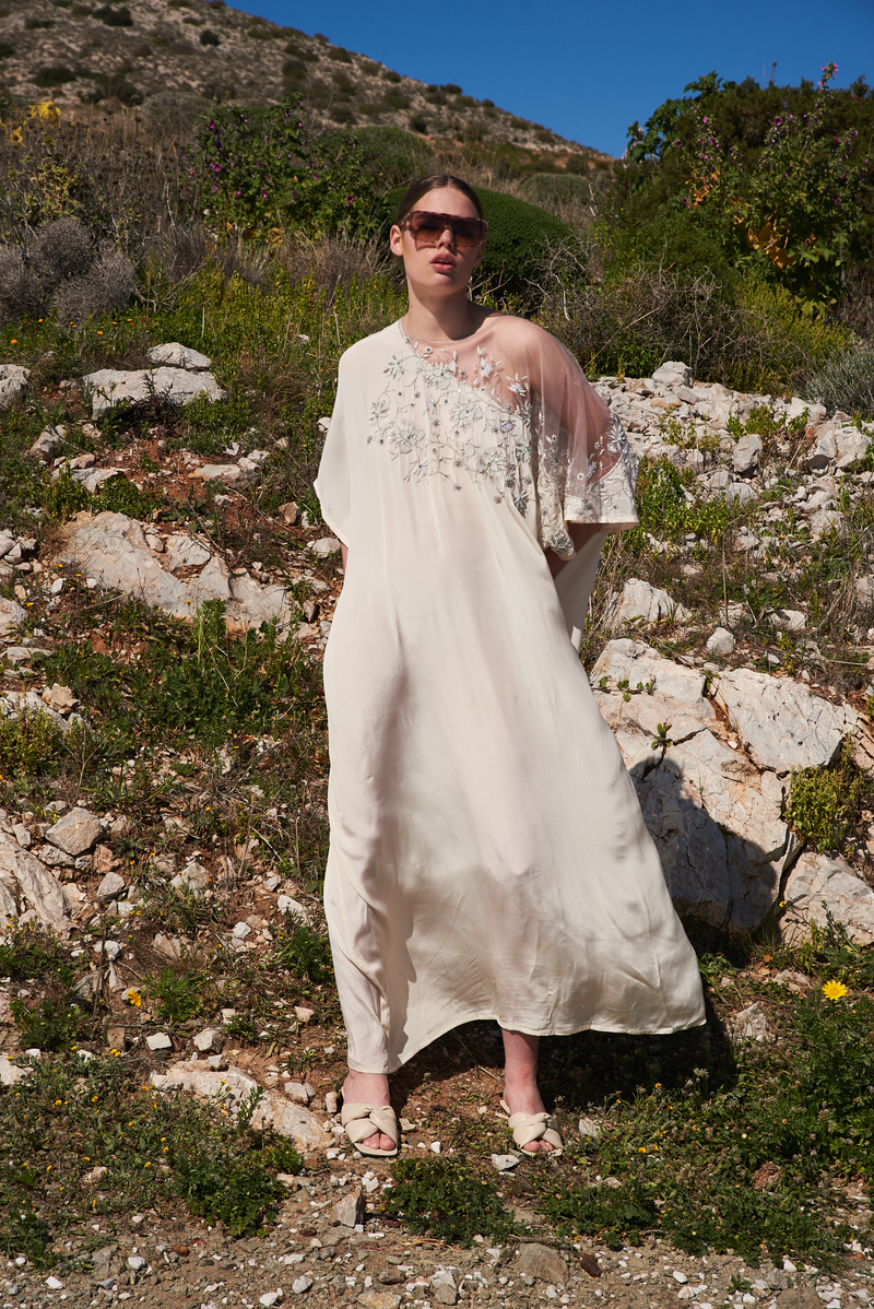 White crepe kaftan with net yoke and silver placement embroidery