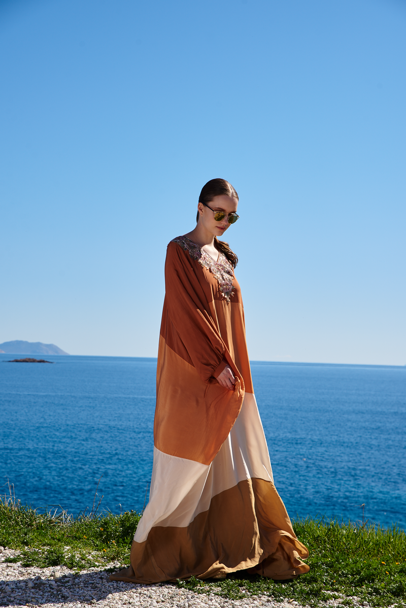 Rust brown bone beige crepe color blocked dress with embroidered neckline